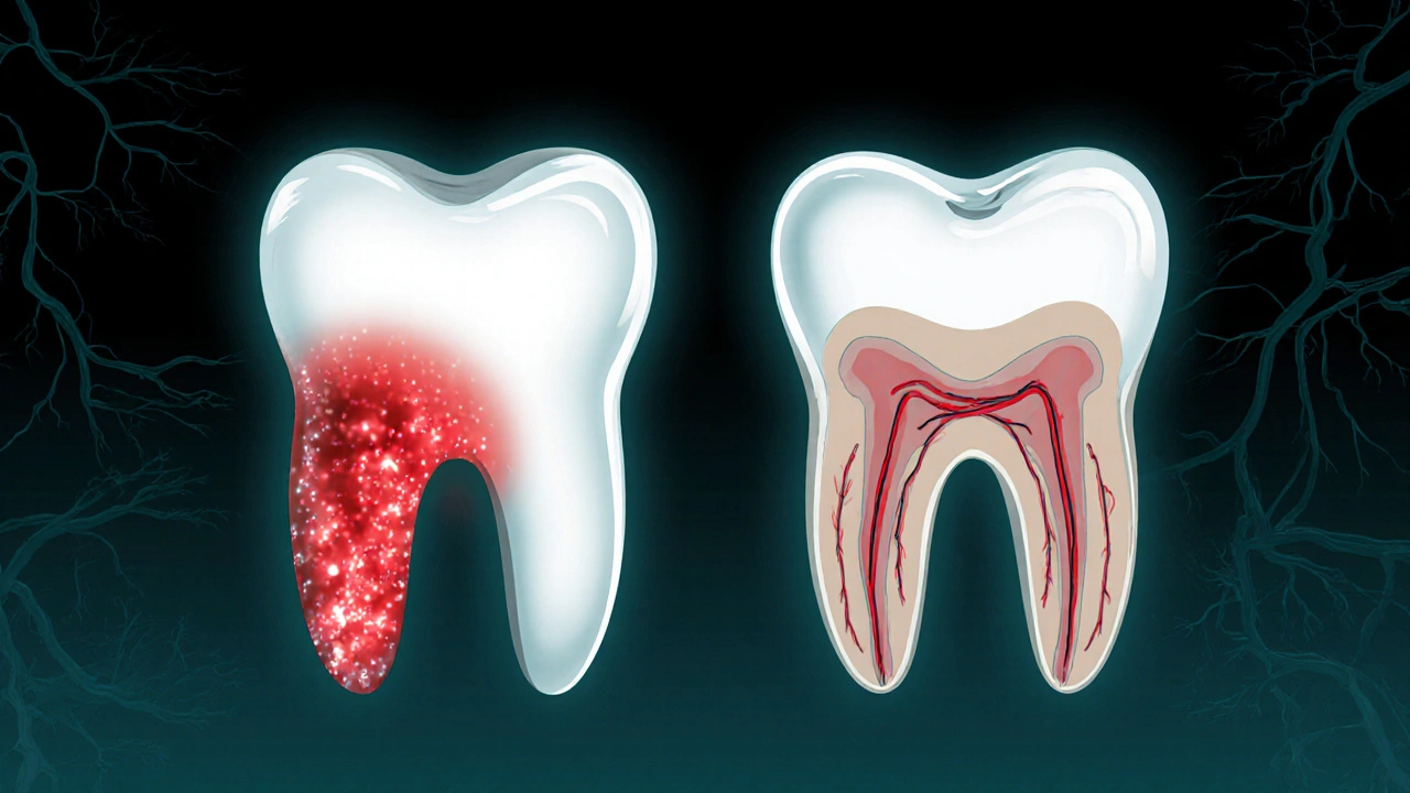 Koncepční znázornění infekce v kořeni zubu šířící se do čelisti.
