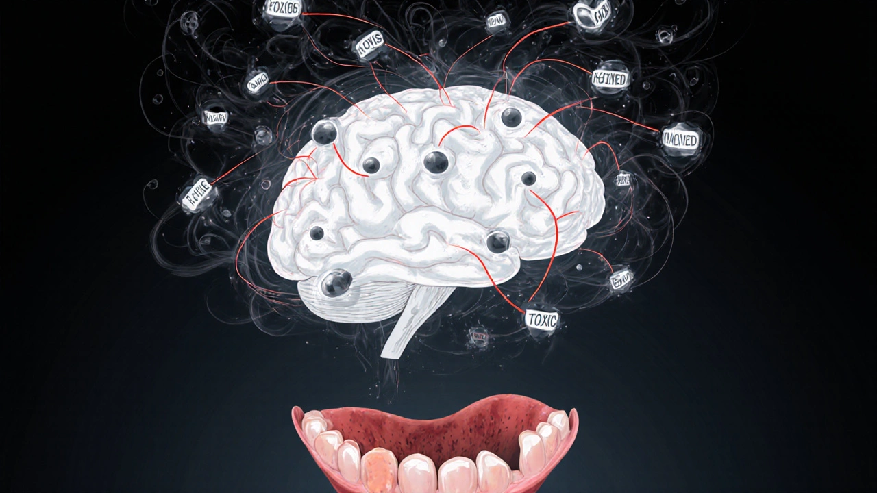 Mozek s tmavými částicemi stoupajícími z úst, symbolizující zánět ovlivňující myšlení.