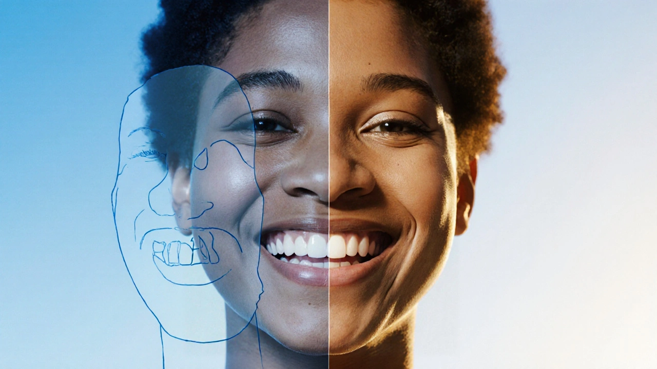 Osoba se smíchem, kde původní mezera mezi zuby postupně mizí, symbolizující přeměnu a sebevědomí.