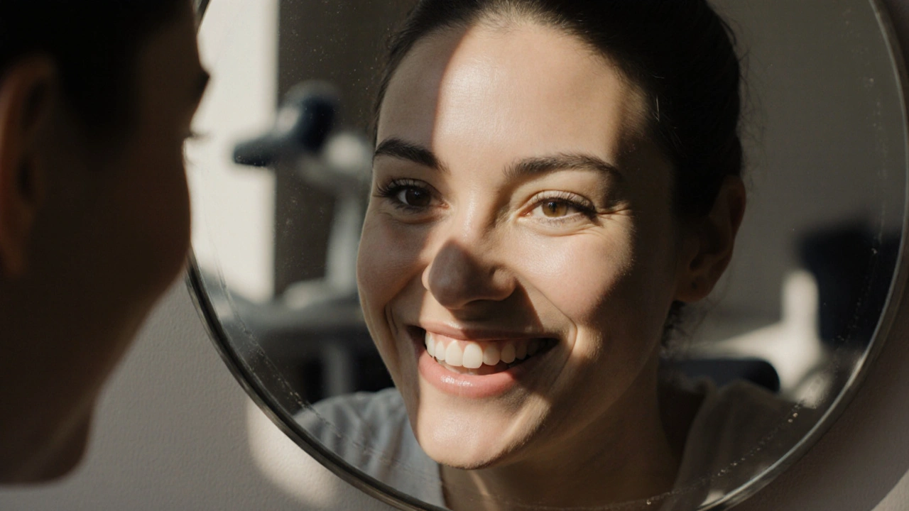 Pacient se dívá do zrcadla a užívá si nové celokeramické fazety.