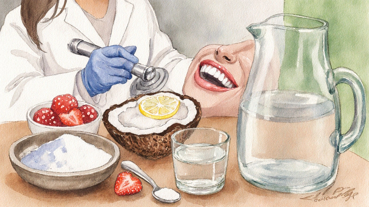Pracovní plocha s přírodními prostředky na bělení zubů a dentální hygienistkou.