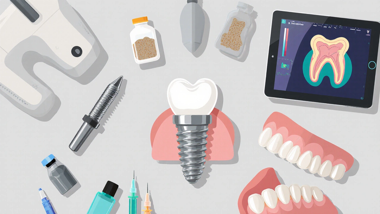 Pracovní stůl s vyloženými nástroji a materiály pro výměnu implantátu.