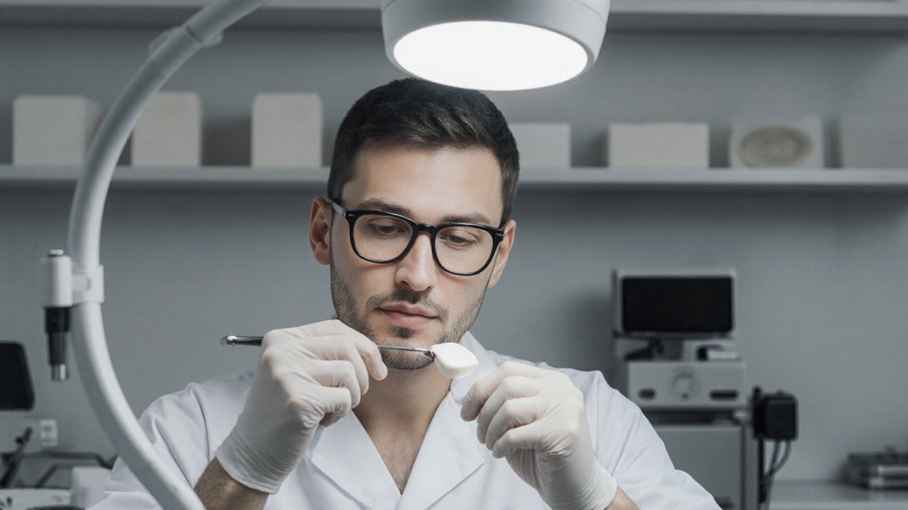 Technik v zubní laboratoři kontroluje celokeramickou fazetu pod lůžkem.