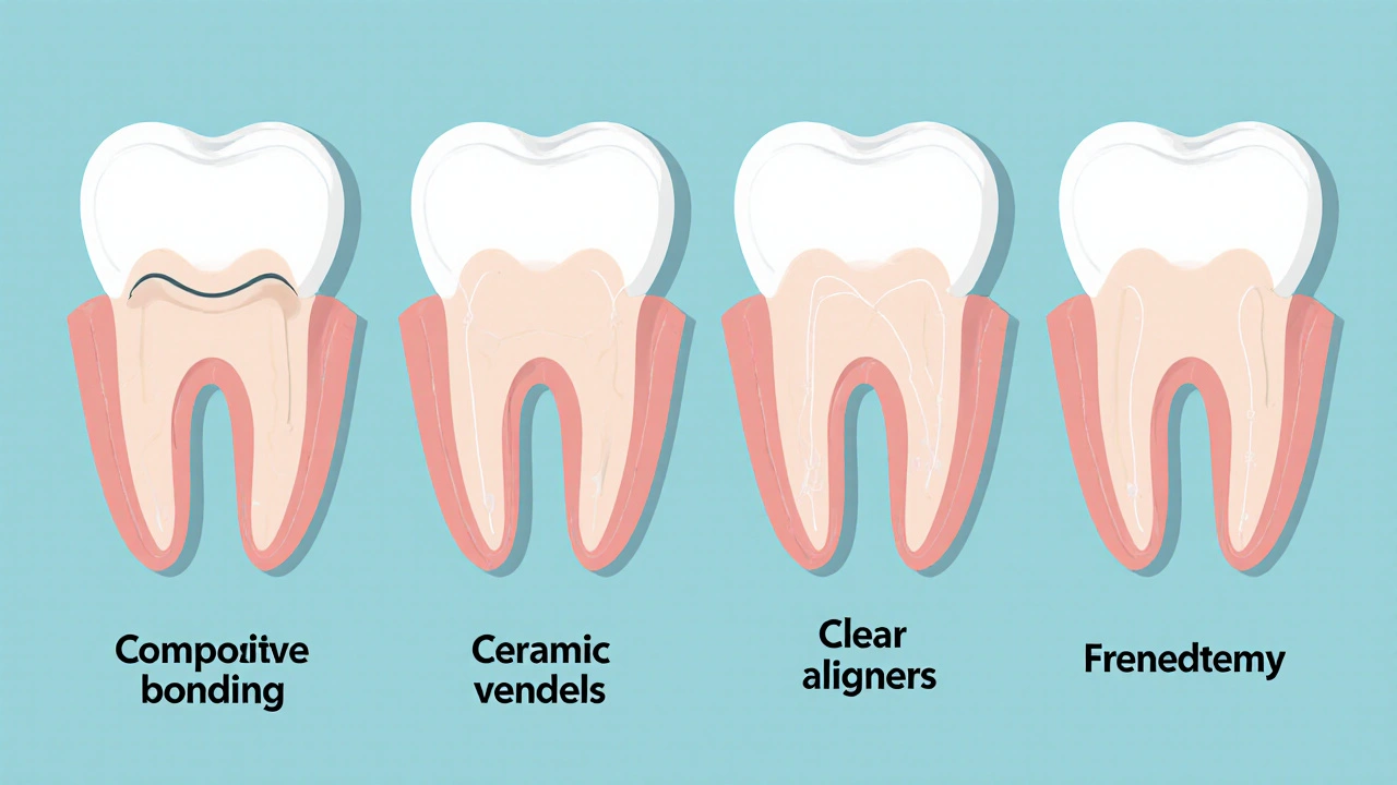 Vizualizace čtyř metod léčby mezery mezi zuby: kompozit, veneery, transparentní šablony a frenektomie.