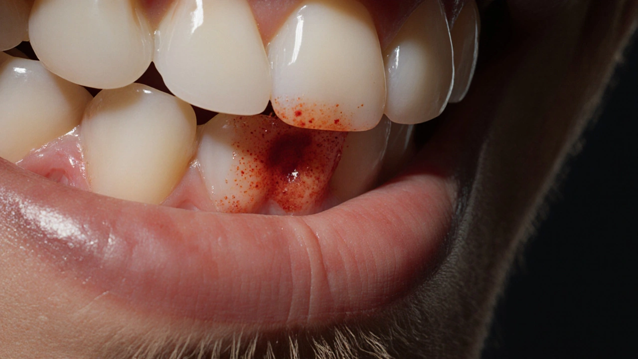 Zapalovaná dásň kolem předního zubu s viditelným výběžkem hnisu.