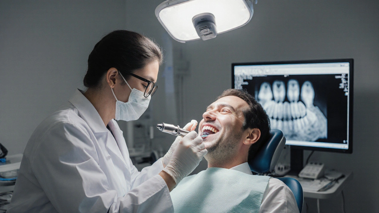 Zubní lékař používá ultrazvukový scaler na otevřených ústech pacienta v moderní klinice.