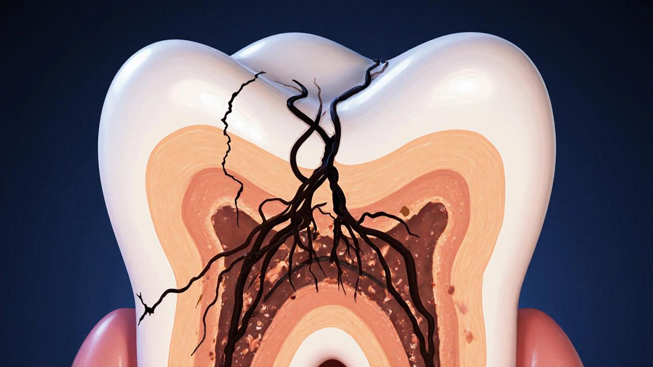 Abstraktní znázornění bakterií šířících se z kořene zubu do čelistní kosti.