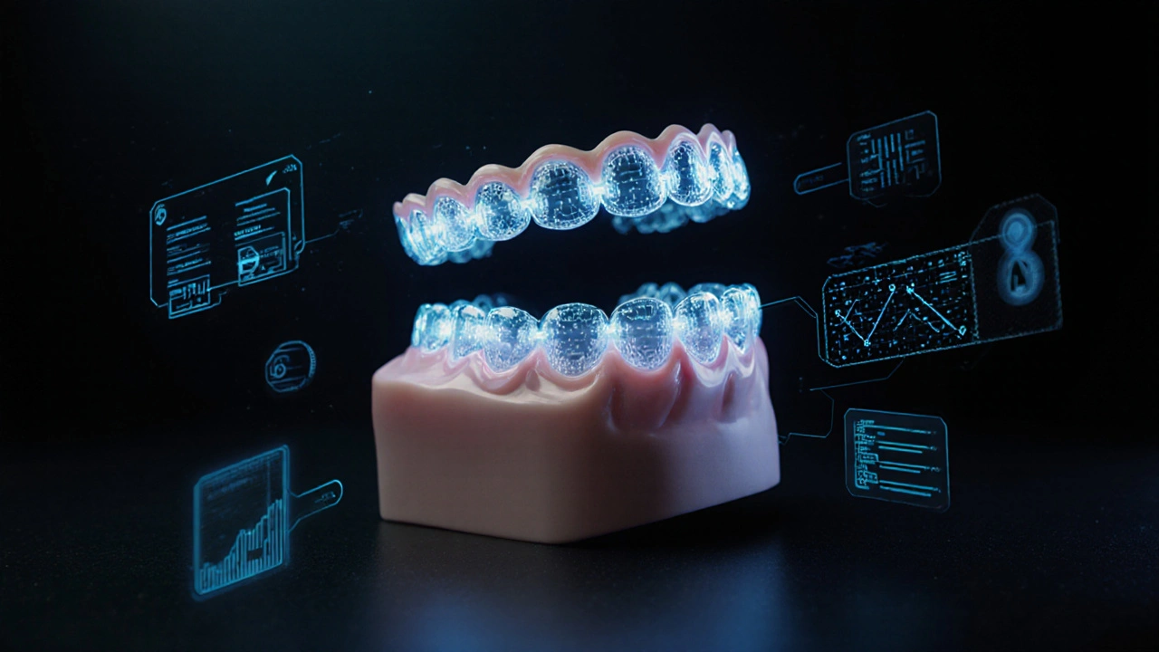 Chytrá rovnátka s LED senzory a holografickými daty v laboratorním prostředí.