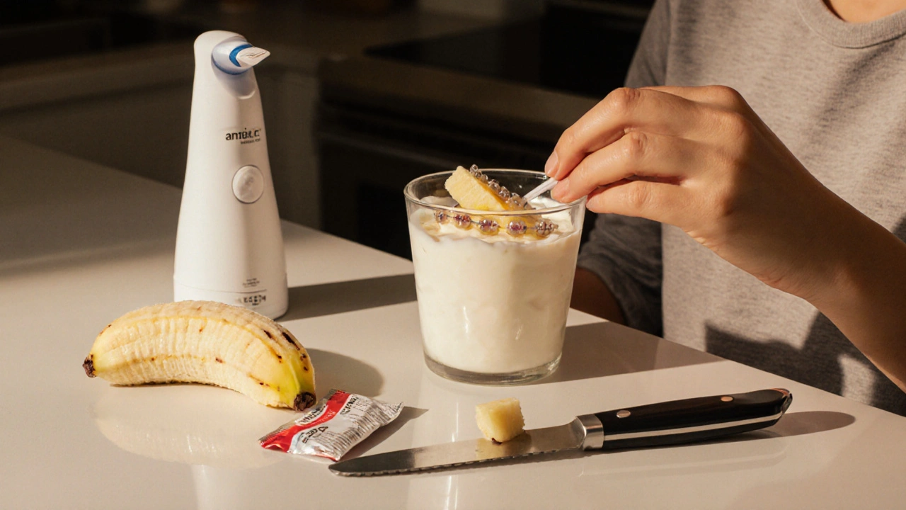 Člověk jí měkké ovoce a jogurt s vodním proudem na stole, rovnátka na zubech.