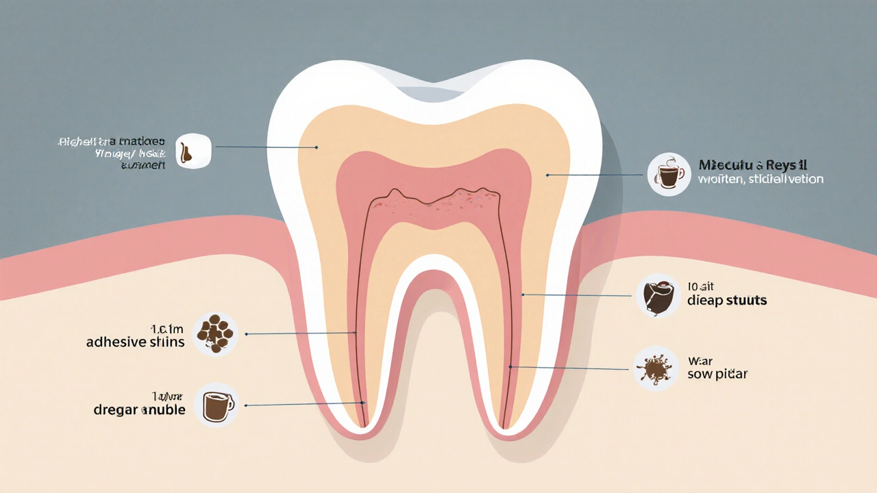 Cross-section of a tooth showing ceramic veneer bonded to front surface with labeled layers.
