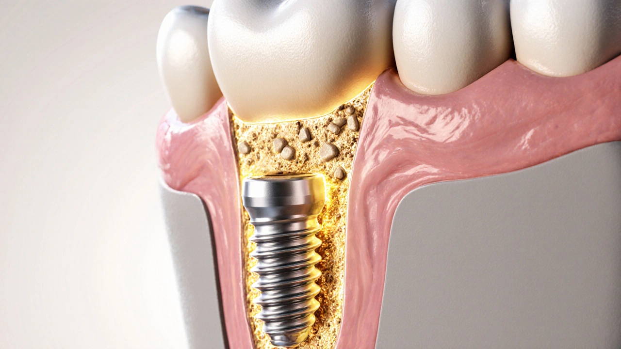 Cross-section of jawbone showing titanium implant fused with bone tissue through osteointegration.