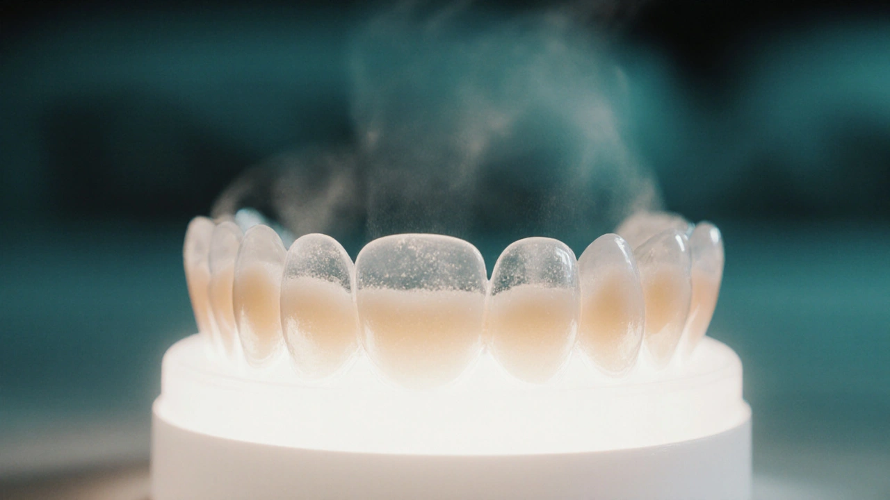 Dentální čepice s bělícím gelem na zubech, viditelná textura skloviny pod jemným světlem.