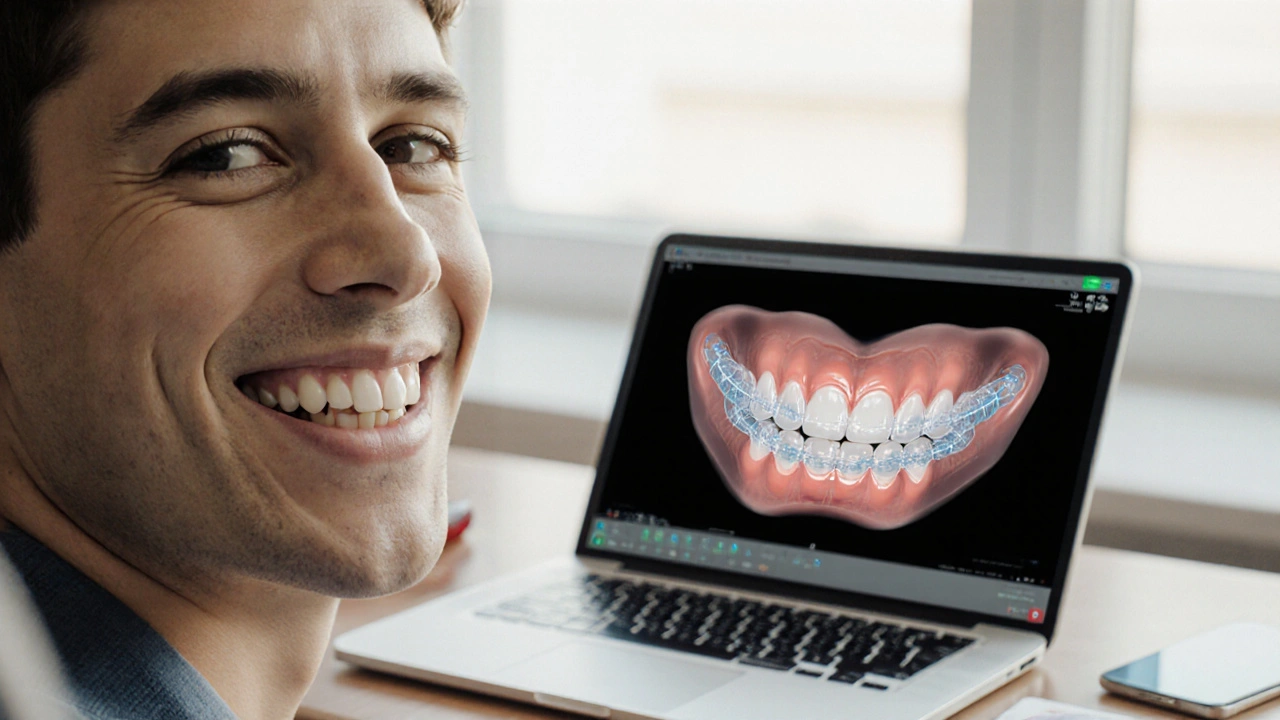 Dospělý s téměř neviditelnými ortodontickými rovnátky v české zubní klinice.