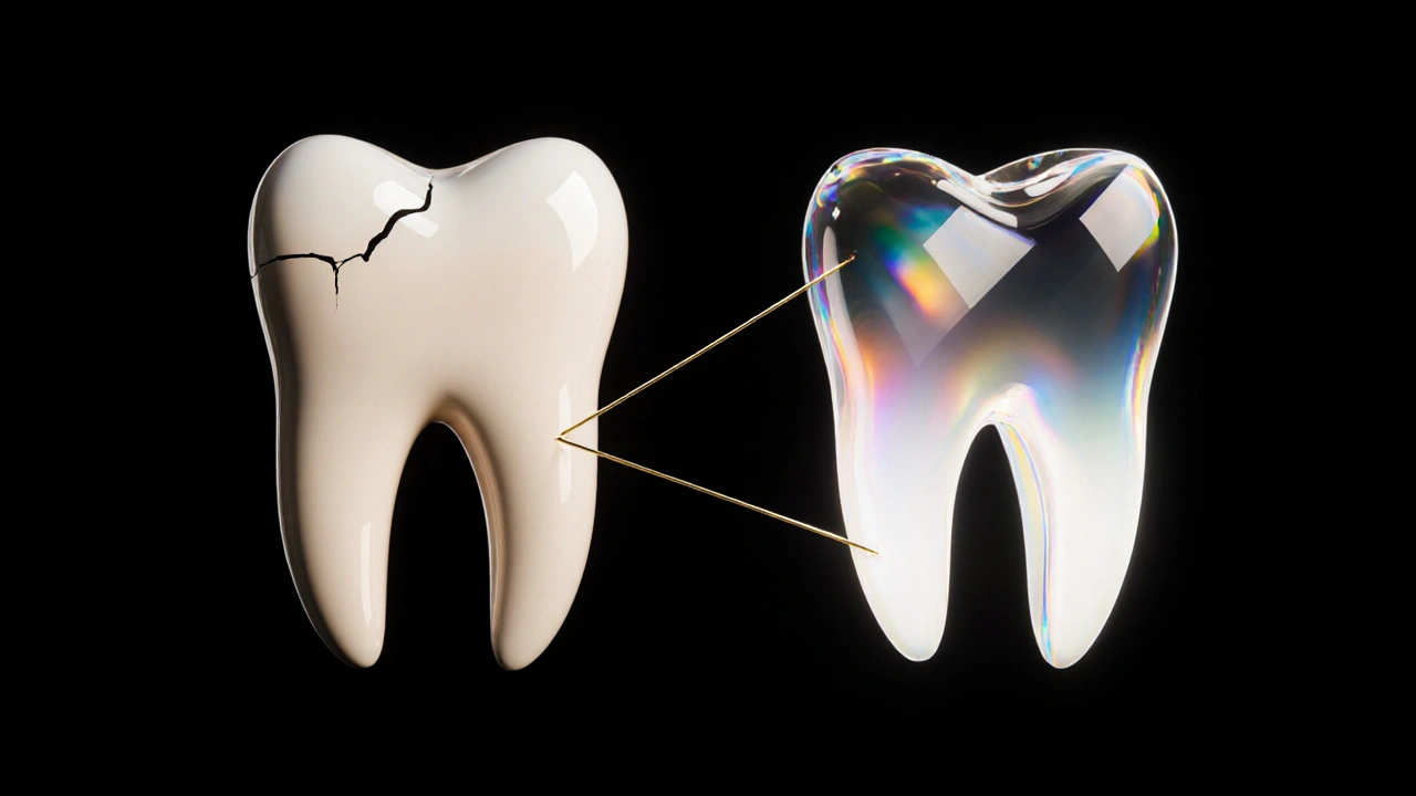 Dva zuby v kontrastu: jeden poškozený, druhý dokonalý, spojené zlatými vlákny jako symbol investice.
