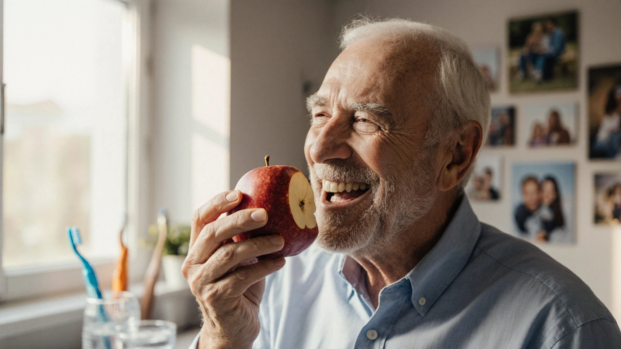 Elderly man smiling while eating an apple, his dental implant indistinguishable from natural teeth.