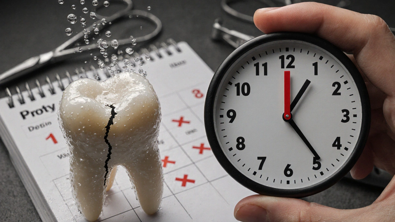 Hodiny ukazující 5 dní vedle poškozeného zubu s odlupující se náplní, symbolizující časový limit léčby.