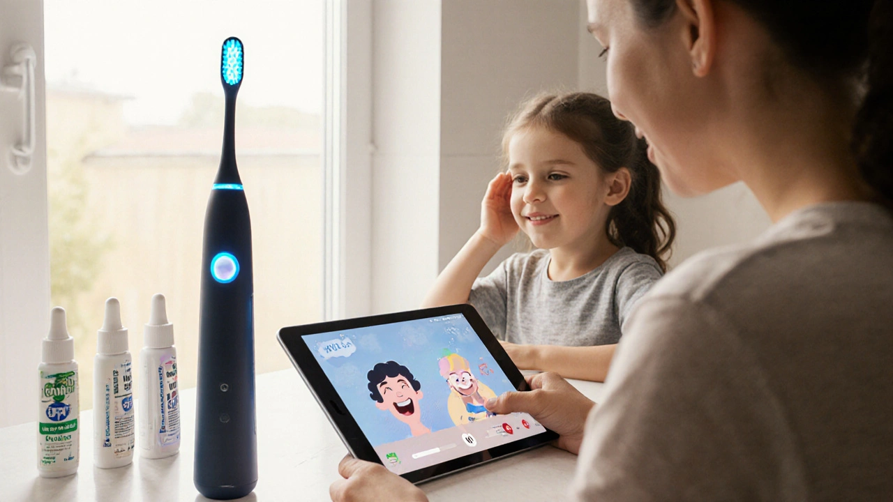 Inteligentní zubní kartáček s pohybem a tabletovou aplikací, která hráje písničku při správném čištění.