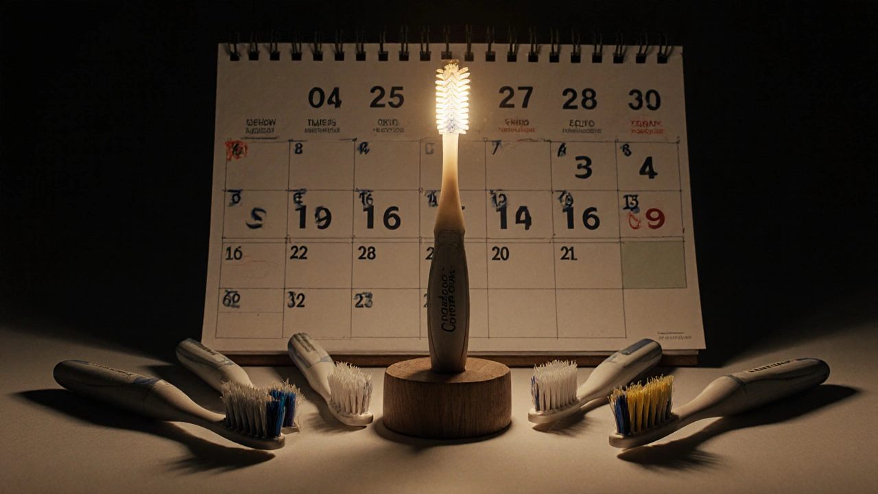 Jeden Curaprox kartáček stojí hrdě vedle šesti poškozených běžných kartáčků, symbolizující dlouhodobou trvanlivost.