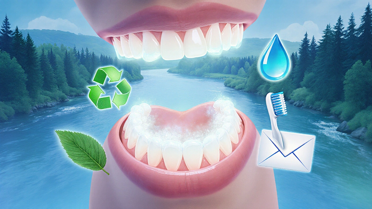 Koncepční obraz zdravých zubů s ekologickými symboly a vracenou hlavičkou kartáčku.
