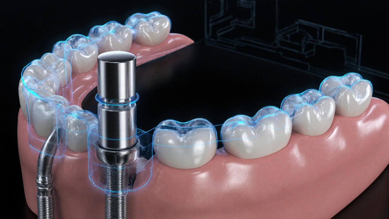 Koncepční znázornění teleskopického systému jako přesně zapadajících kovových válců s keramickými zuby.