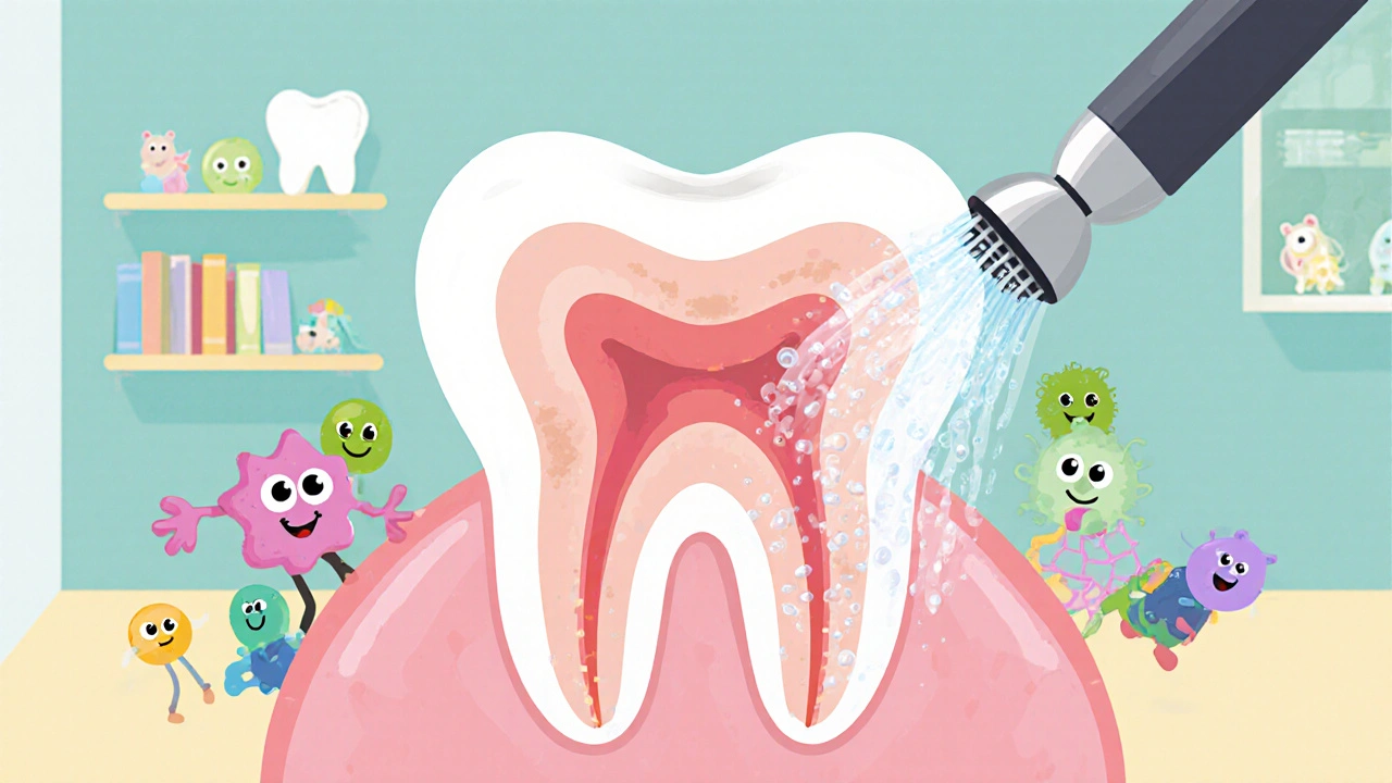 Křížový řez zubu ukazuje plak přeměněný na kámen, který odstraňují ultrazvukové vlny.
