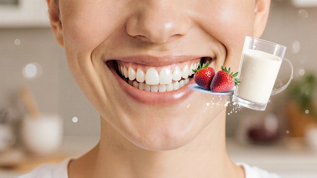 Osoba se světlým úsměvem, kolem zubů se vznášejí zdravé potraviny.