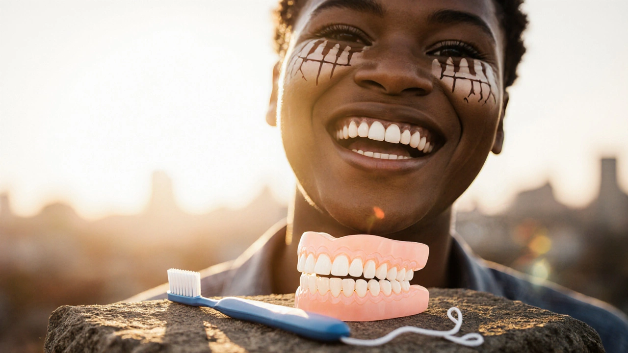 Osoba směje se na slunci, za ní jsou stíny dřívějších zkřížených zubů, před ní leží držadlo a kartáček.