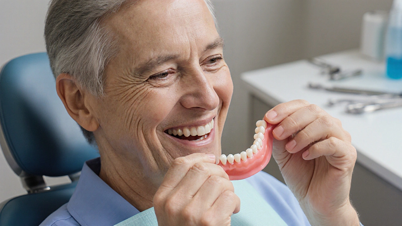 Pacient s přirozeně vypadající zubní náhradou, kterou jemně vyjímá a vkládá bez kovových háků.