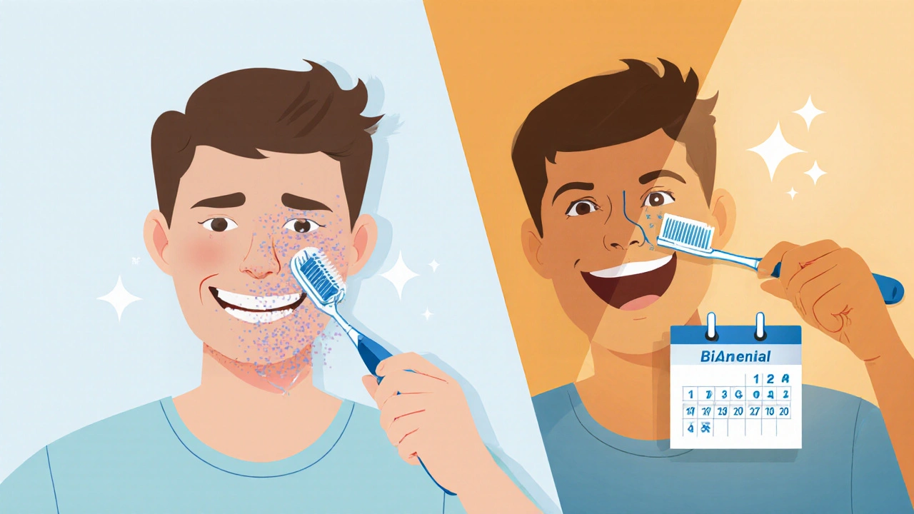 Porovnání špatné a správné hygieny úst: poškozené dásně vs. zdravý úsměv.