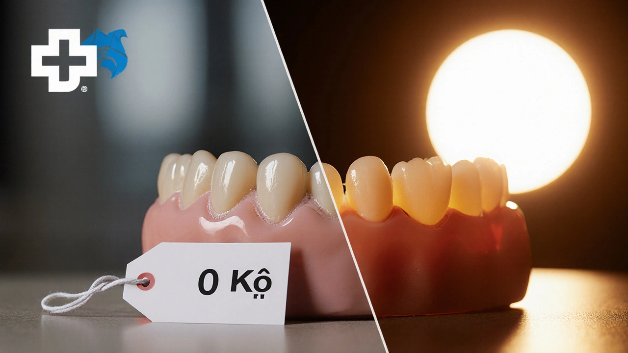 Porovnání základní a kvalitnější zubní protézy na stole s rozdílnými cenami.