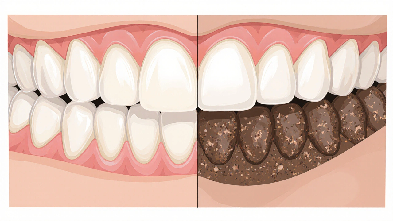 Postupné tvorba zubního kamene z plaku na zubech – vizuální porovnání.