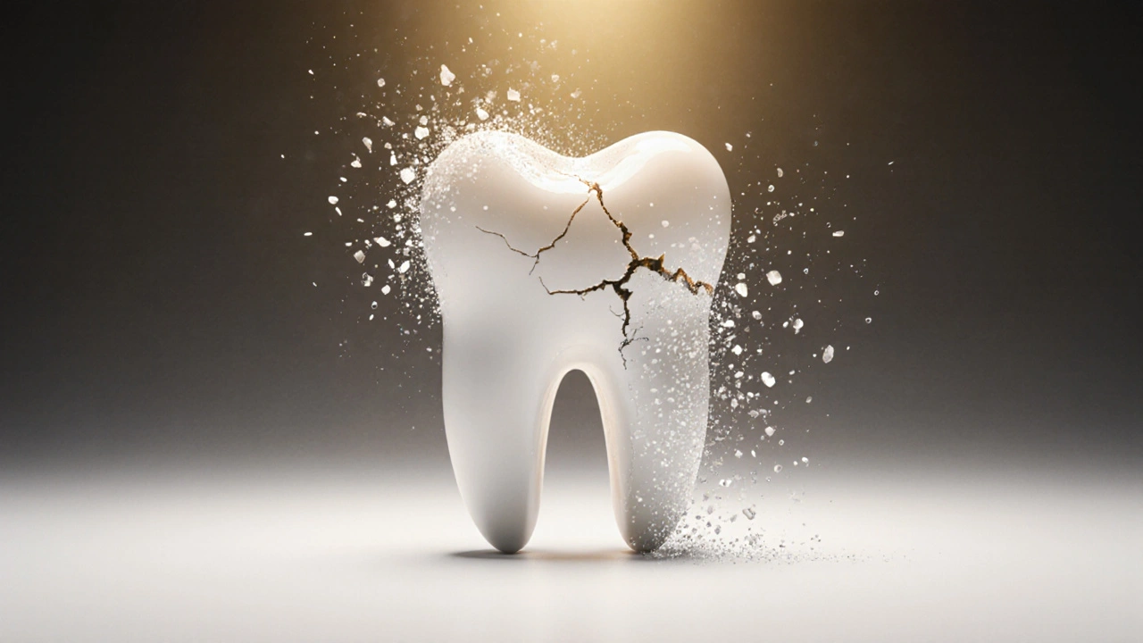 Prasklý keramický zub se mění v pevný zirkoniový zub, symbolizující moderní řešení.