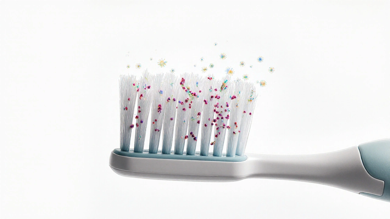 Příčný řez kartáčku ukazující pevné zasazení štětin, ve srovnání s rozpadajícími se štětinami běžného kartáčku.