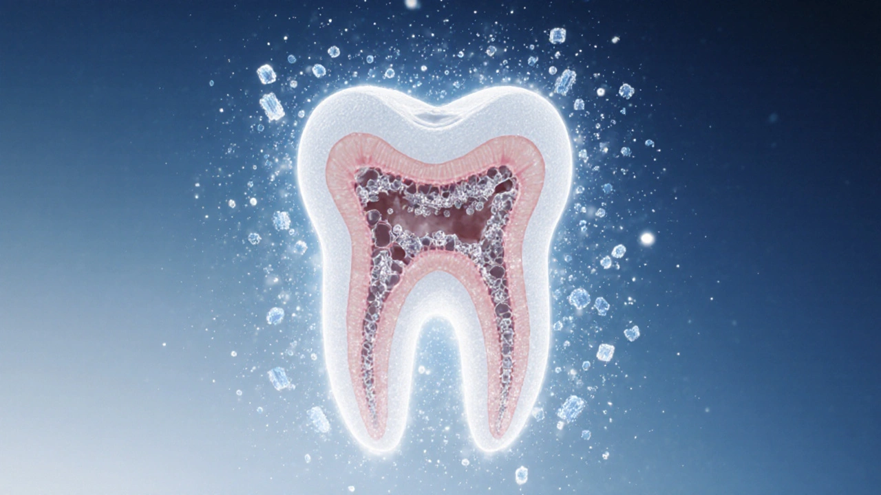 Průřez zubem s mikroskopickými kanálky, které se zavírají.