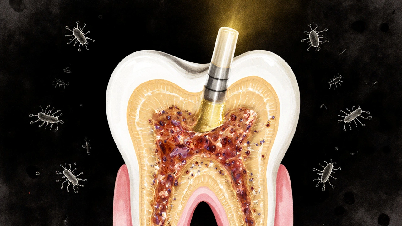 Průřez zubu s infekcí v kořenovém kanálu a částečně odpojenou dočasnou plombou.