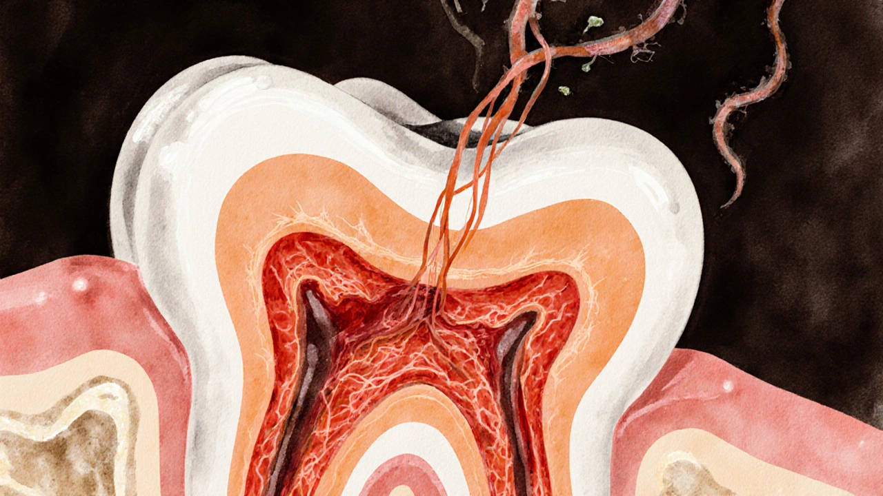 Průřez zubu ukazující pokročilý kaz šířící se od kořene k nervu, s bakteriemi jako stíny.