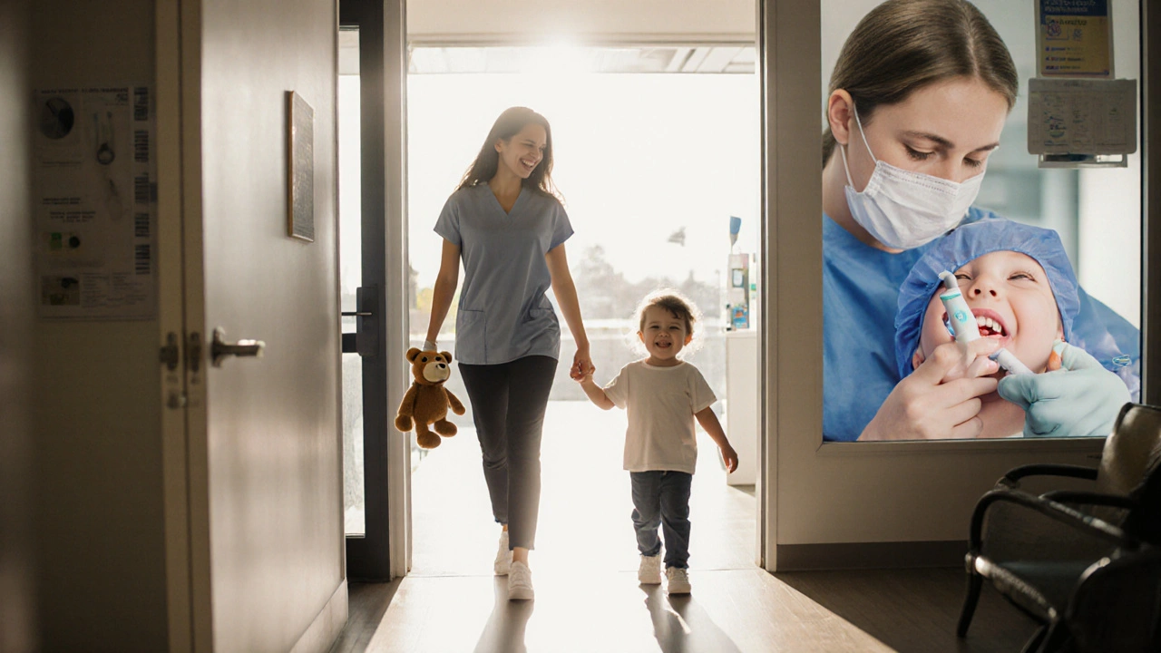 Rodič a dítě vstupují do zubní kliniky, dítě drží pláštíka a směje se.