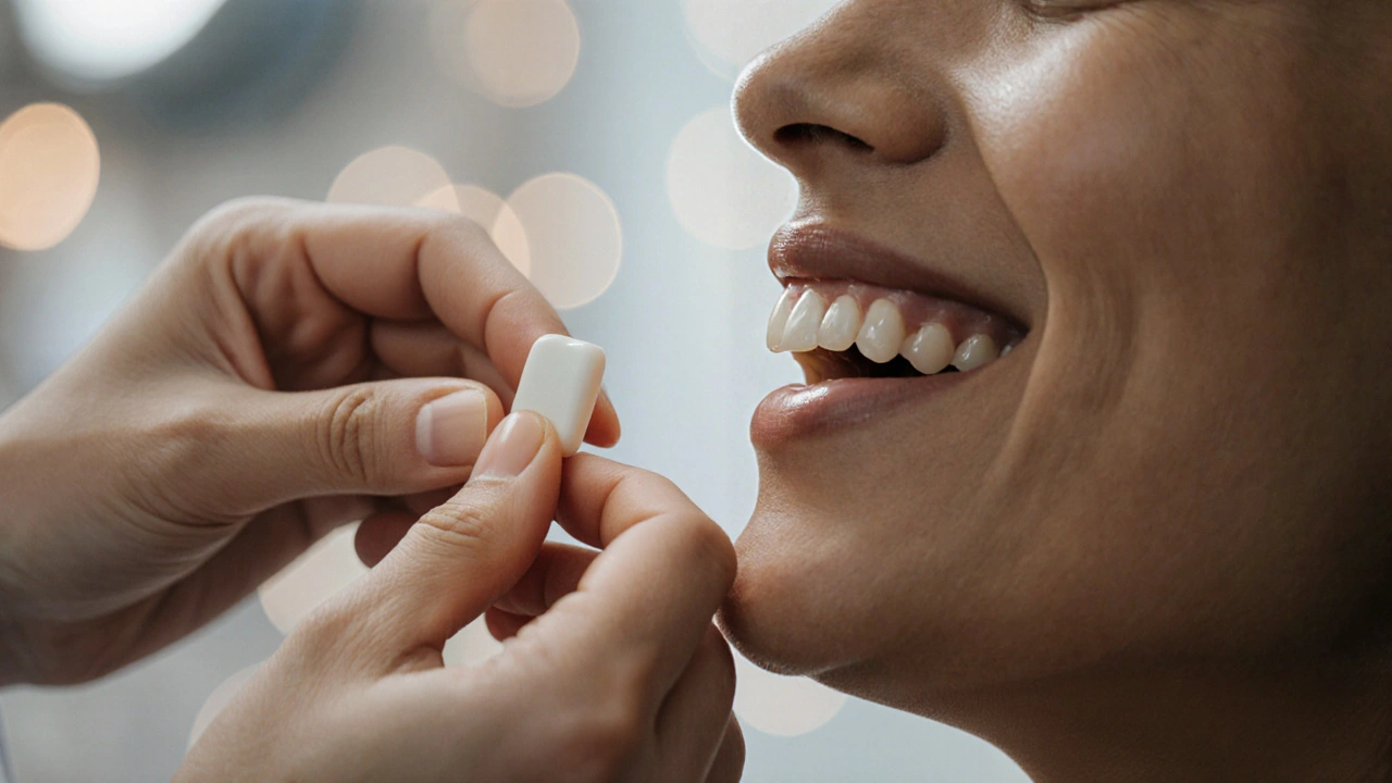 Ruka drží zubní fazetu, zatímco druhá ruka se dotýká úsměvu, vyjadřující přechod od pochybností k sebedůvěře.