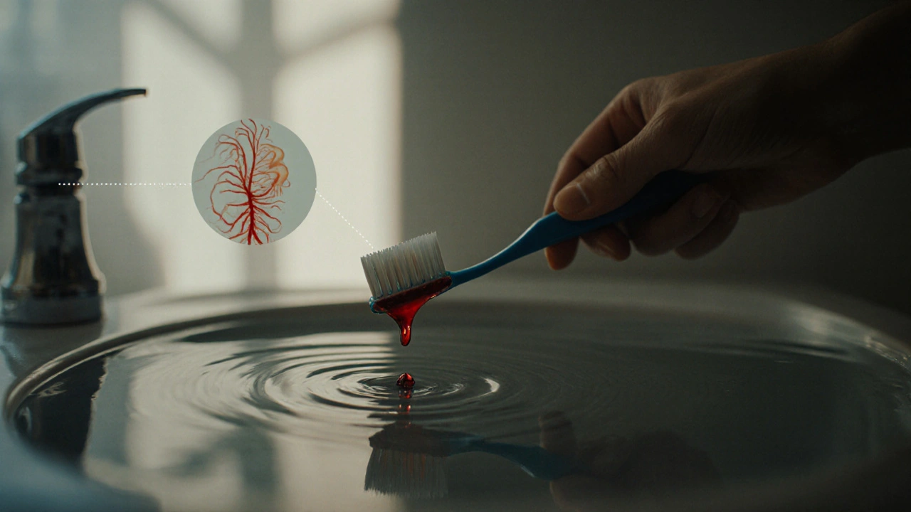 Ruka s kartáčkem nad sinkem, kde krev kapá do vody a v odrazu je vidět poškozený kořen.