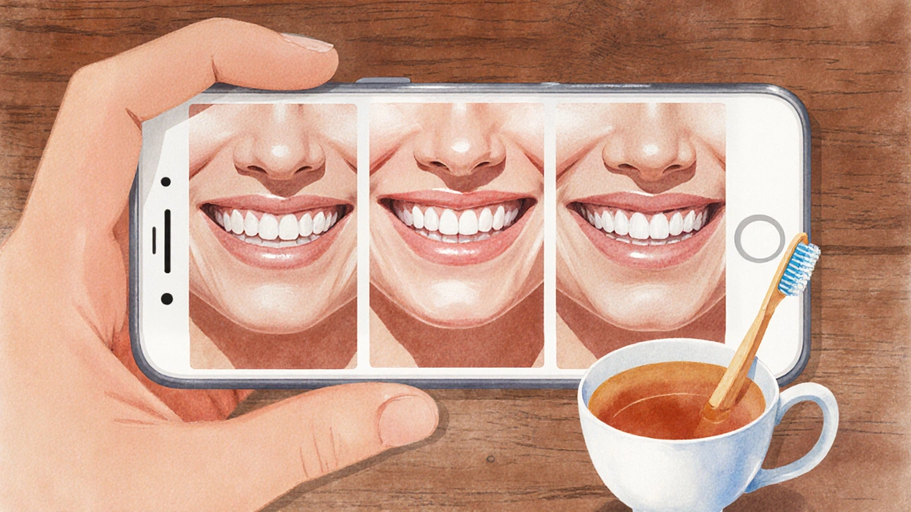 Sekvence tří fotografií zubů, které postupně bělí, zachycené ve stejném osvětlení.