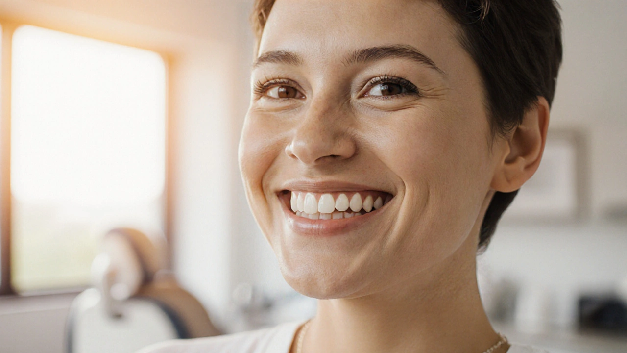 Smiling person with perfect ceramic veneers on upper teeth, natural lower teeth in background.
