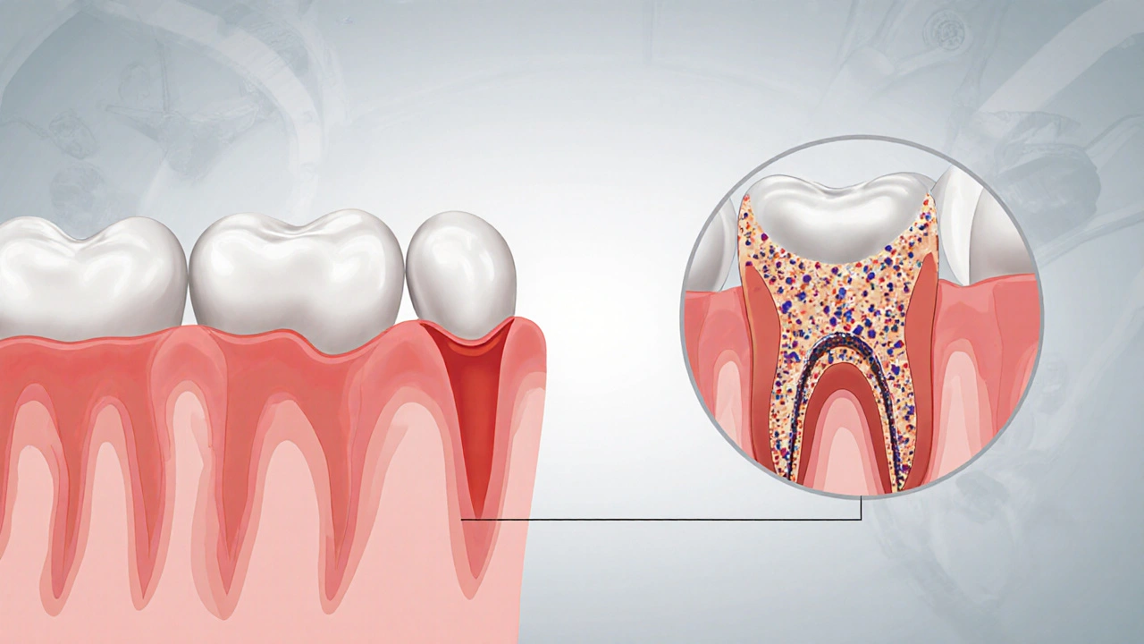 Srovnání zdravé a nemocné dásně s hloubkou kapsy a ztrátou kosti.