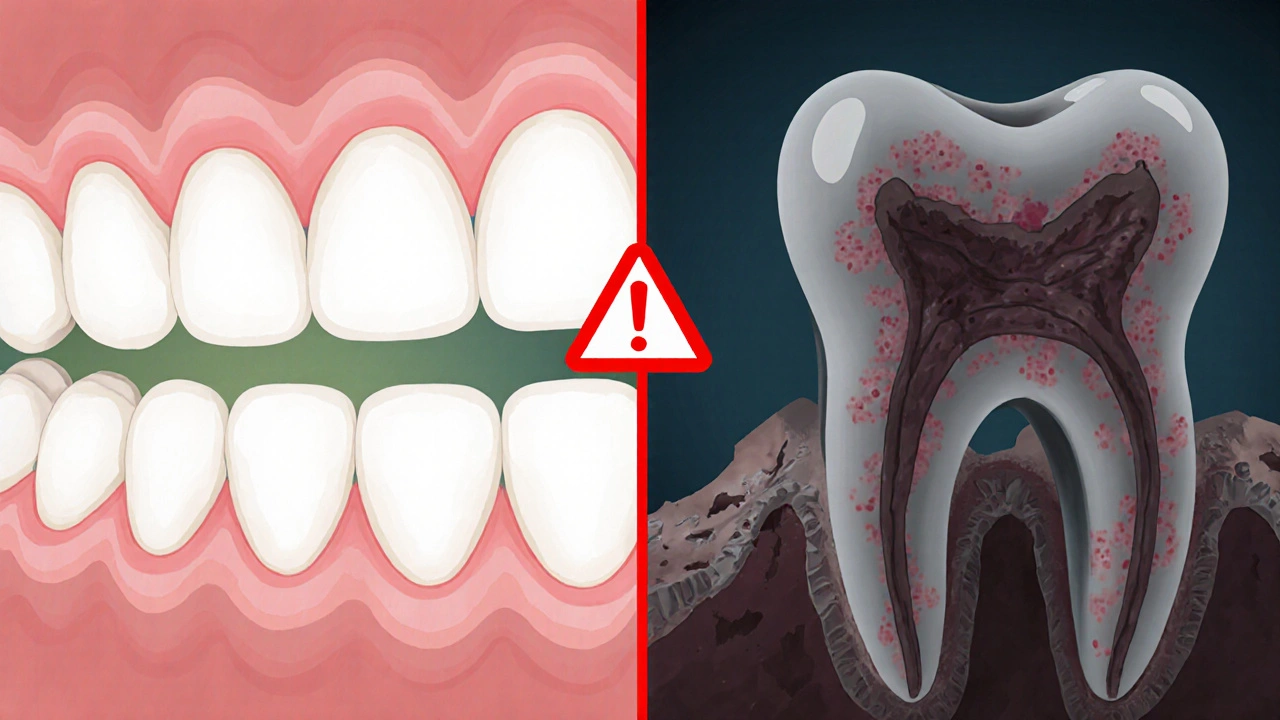 Srovnání zdravého a mrtvého zubu s viditelným rozkladem v kosti.