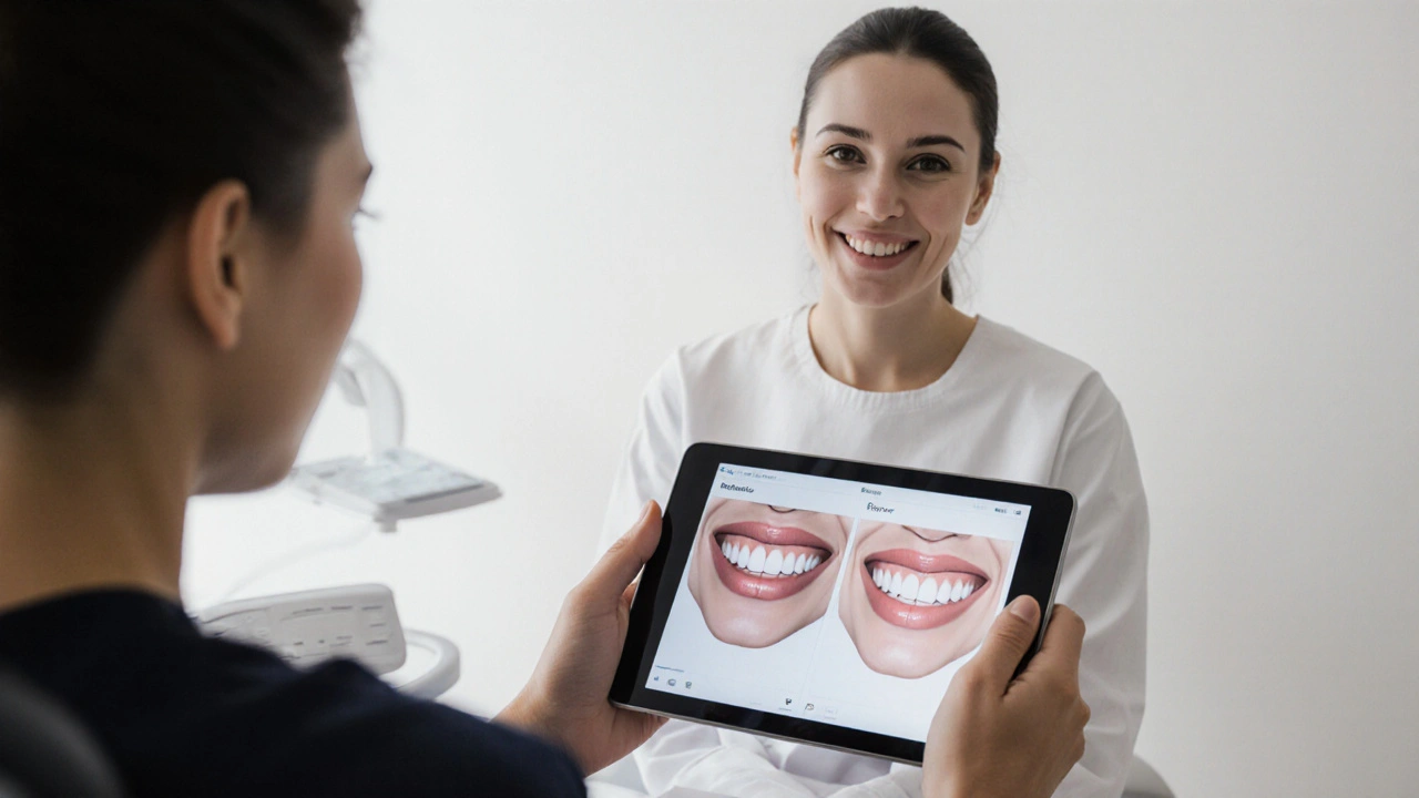 Stomatolog ukazuje pacientce na tabletu digitální návrh jejího nového úsměvu s přizpůsobenými fazetami podle tvaru obličeje.