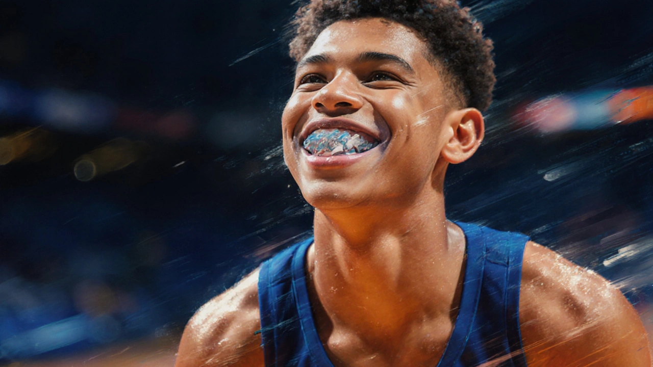 Teenager ve vlastním ortodontickém ochranném štítě během sportu, viditelné rovnátka pod štítem.