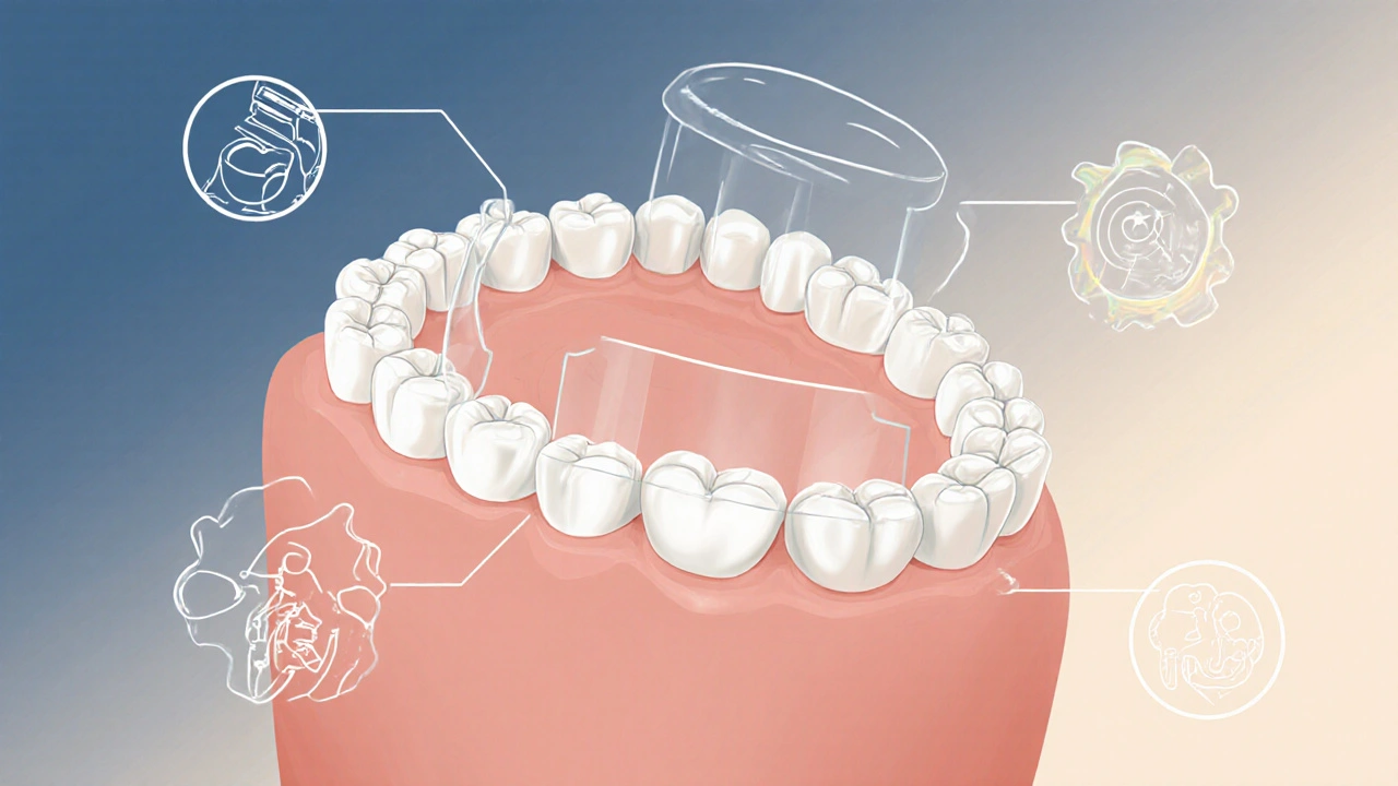Tři tenké keramické fazety leží na zubech, symbolizující přípravu a přechod ke krásnému úsměvu.