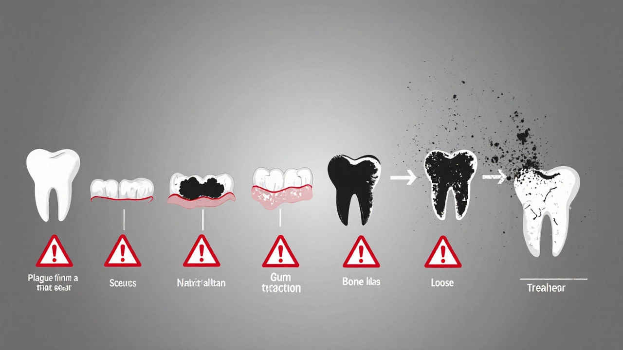 Vývoj zubního kameně od plaku až po ztrátu zubu a kosti.