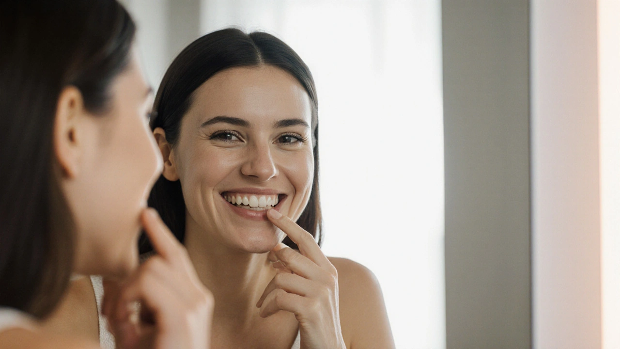 Žena se dívá do zrcadla a hladí si rty, její zuby jsou pokryty moderními fazetami, které vypadají přirozeně a leskne se v nich světlo.