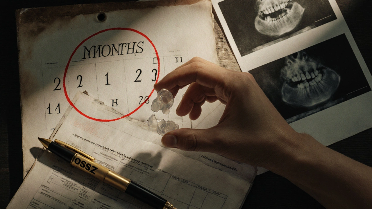 Zlomená zubní protéza na pozadí lékařských dokumentů a kalendáře s označeným rokem.