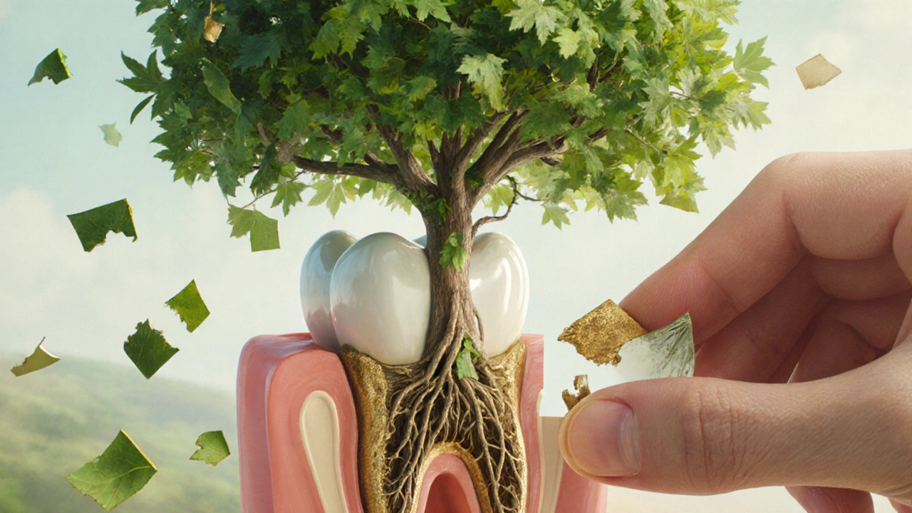 Zlomený zub se proměňuje v strom s kořeny v čelisti, symbolizující léčbu.